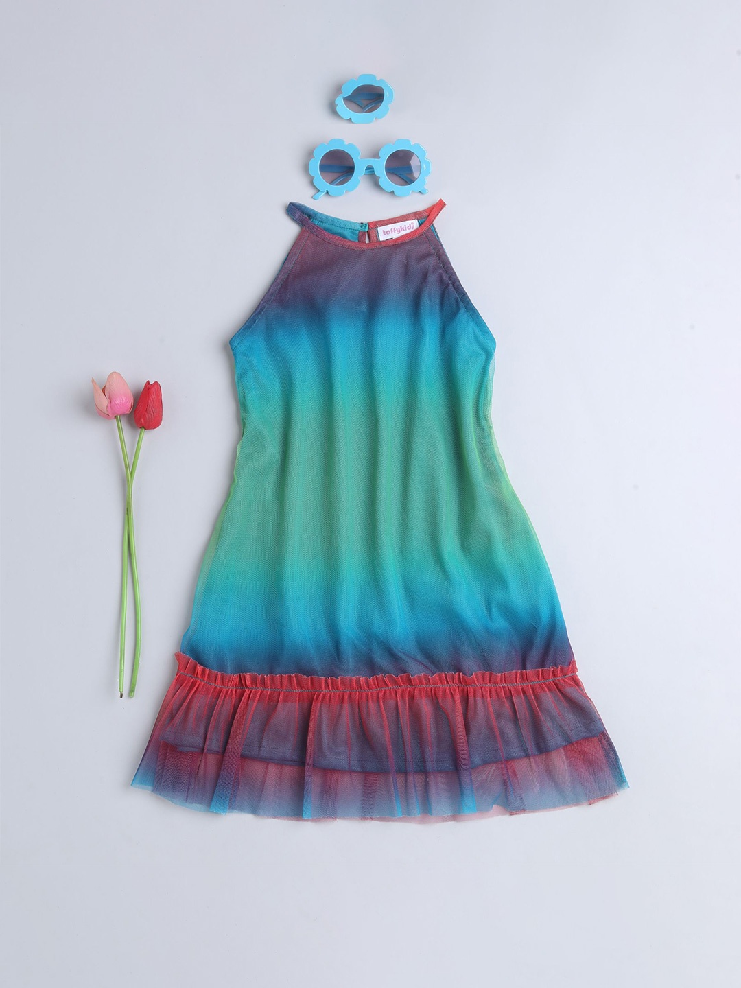 

taffykids Girls Tie and Dye Printed Round Neck Ruffled A-Line Dress, Teal