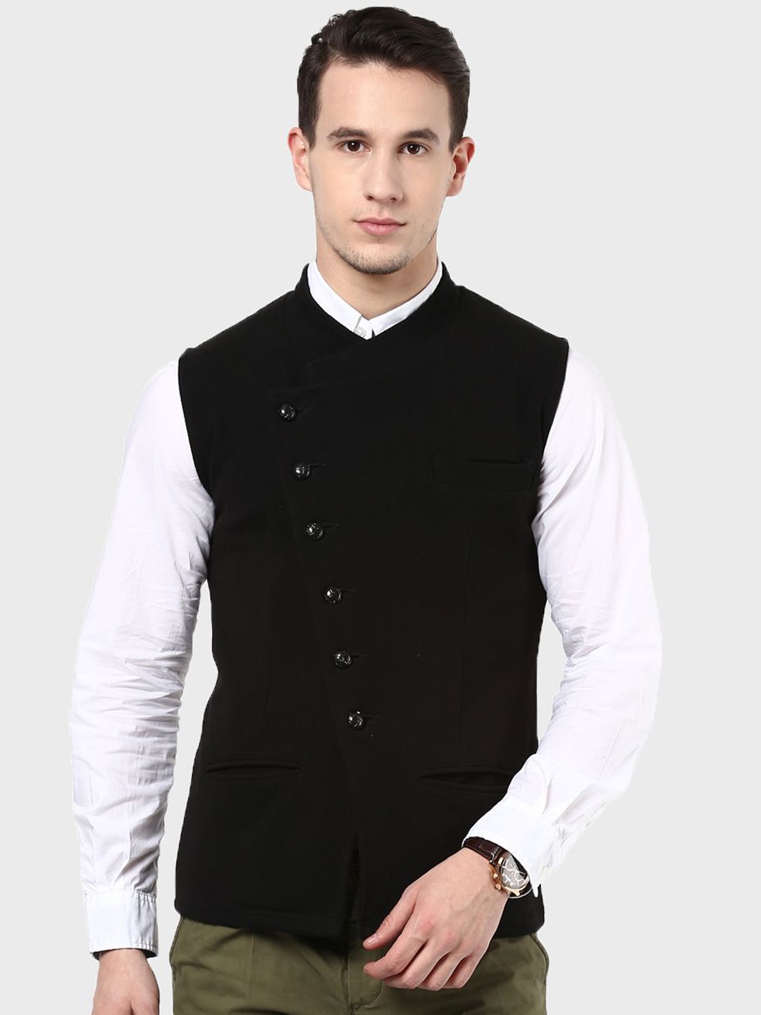 

Hypernation Men Pure Cotton Nehru Jacket, Black
