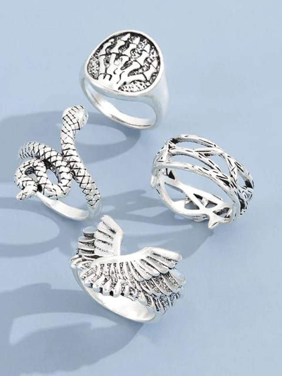 

YU FASHIONS Set Of 4 Silver-Plated Stainless Steel Finger Rings