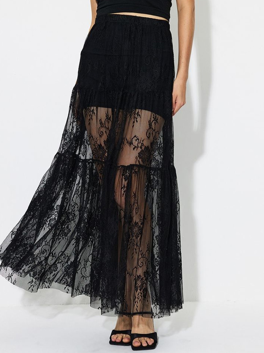 

LULU & SKY Women Flared Lace Maxi Skirts, Black