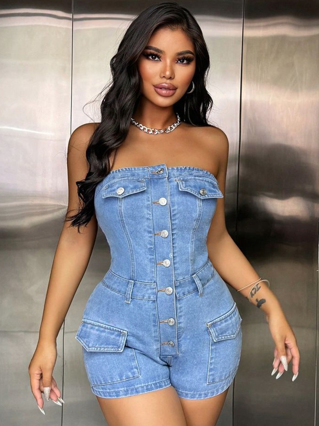 

LULU & SKY Women Strapless Denim Playsuit, Blue
