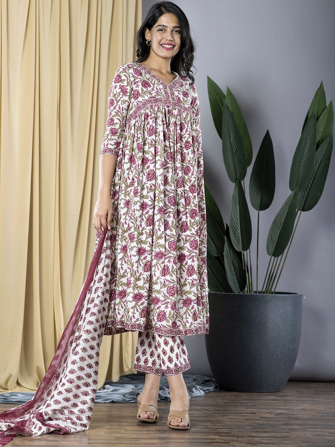 

KALINI Floral Printed Empire Pure Cotton Kurta with Trouser & Dupatta, White