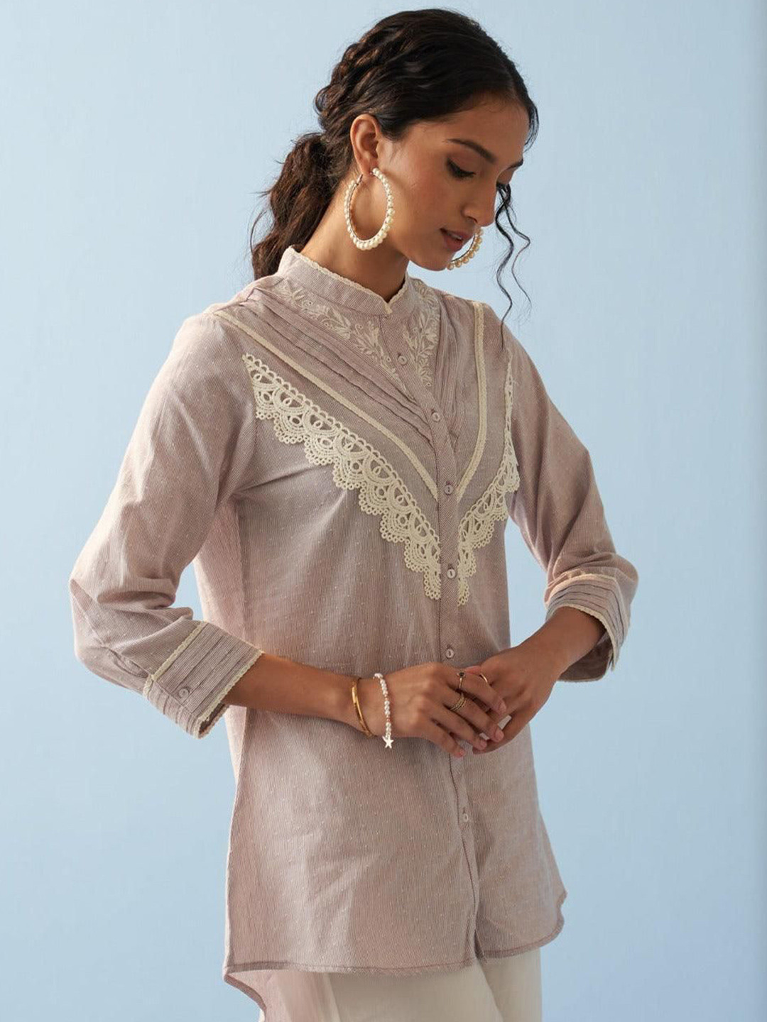 

Lakshita Women Smart Mandarin Collar Ethnic Motifs Printed Cotton Casual Shirt, Lavender