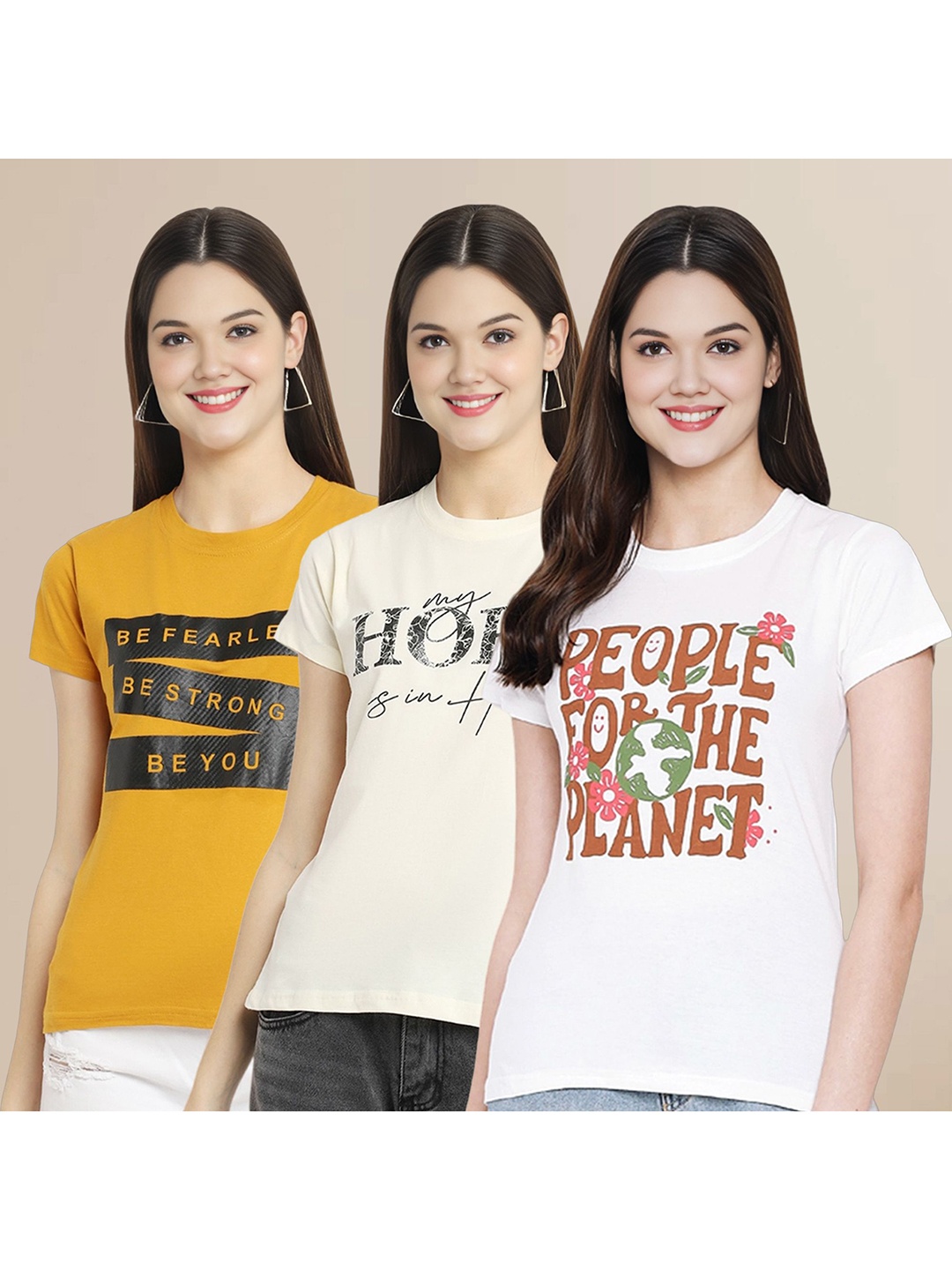 

Metronaut Women Pack Of 3 Typography Printed Round Neck Cotton T-shirts, Off white