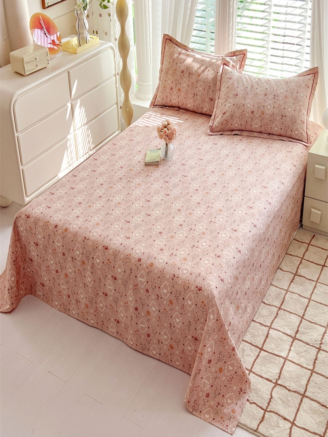 

JC HOME Pink & White Floral Pure Cotton 230TC Queen Bedsheet Set 2.30 m x 2.00 m