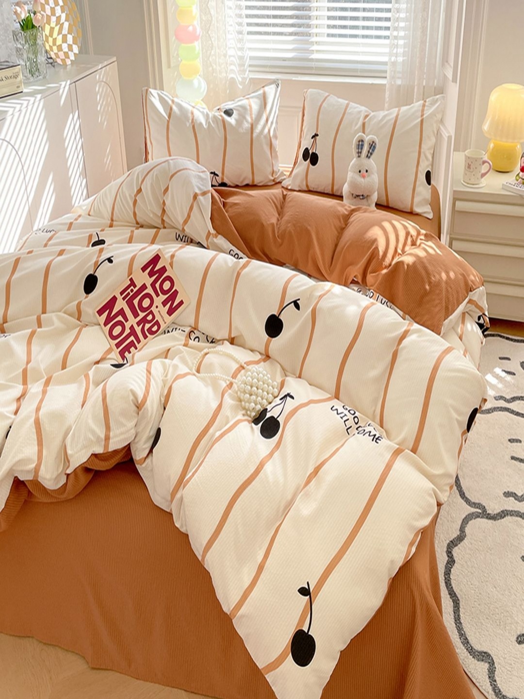 

JC HOME Orange & Cream-Coloured Striped Polycotton 3 Piece Double Queen Regular Bedding Set