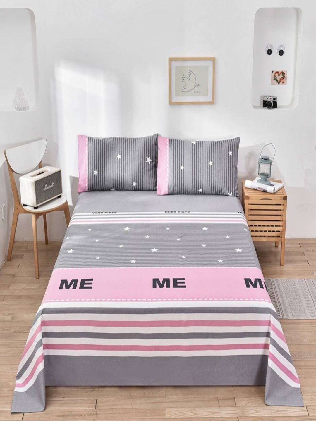 

JC HOME Grey & Black Geometric Single Bedsheet with 1 Pillow Covers