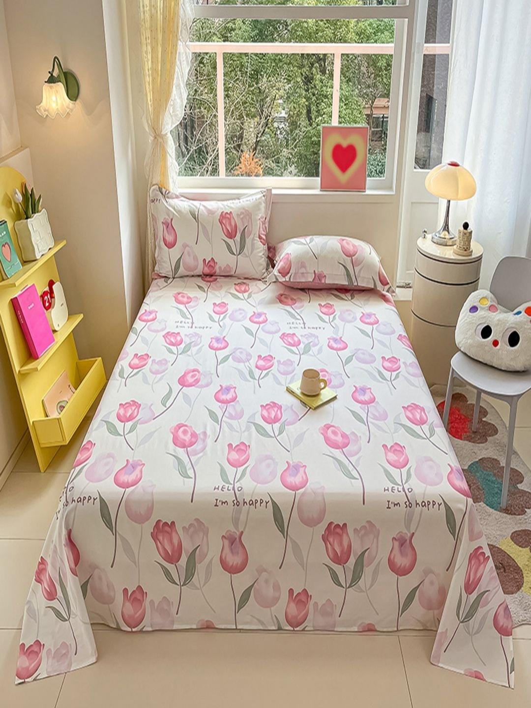 

JC HOME White & Pink Floral Printed Pure Cotton 220 TC Queen Bedsheet Set 2.3 x 2 m