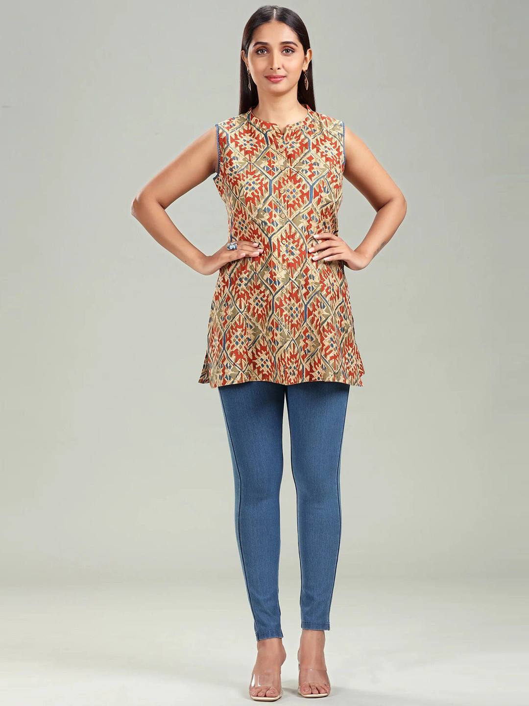 

COTTON CULTURE Women Printed Mandarin Collar Sleeveless Cotton Tunic, Beige