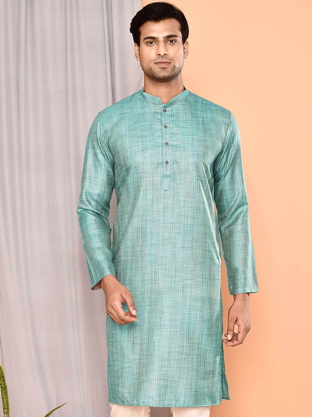 

MAAHI FABS Striped Band Collar Cotton Straight Kurta, Green