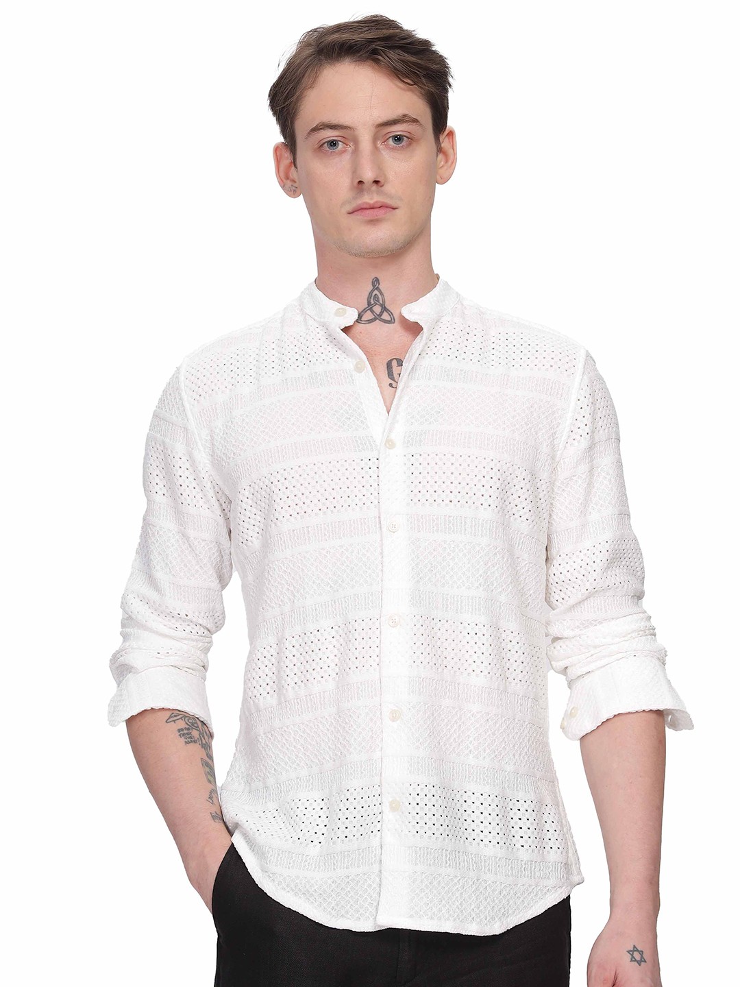 

ilyzly Men Standard Spread Collar Solid Cotton Casual Shirt, White