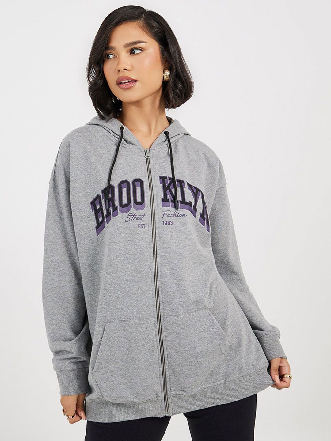 

Styli Women Oversized Fit Longline Zip Through Slogan Hoodie, Grey