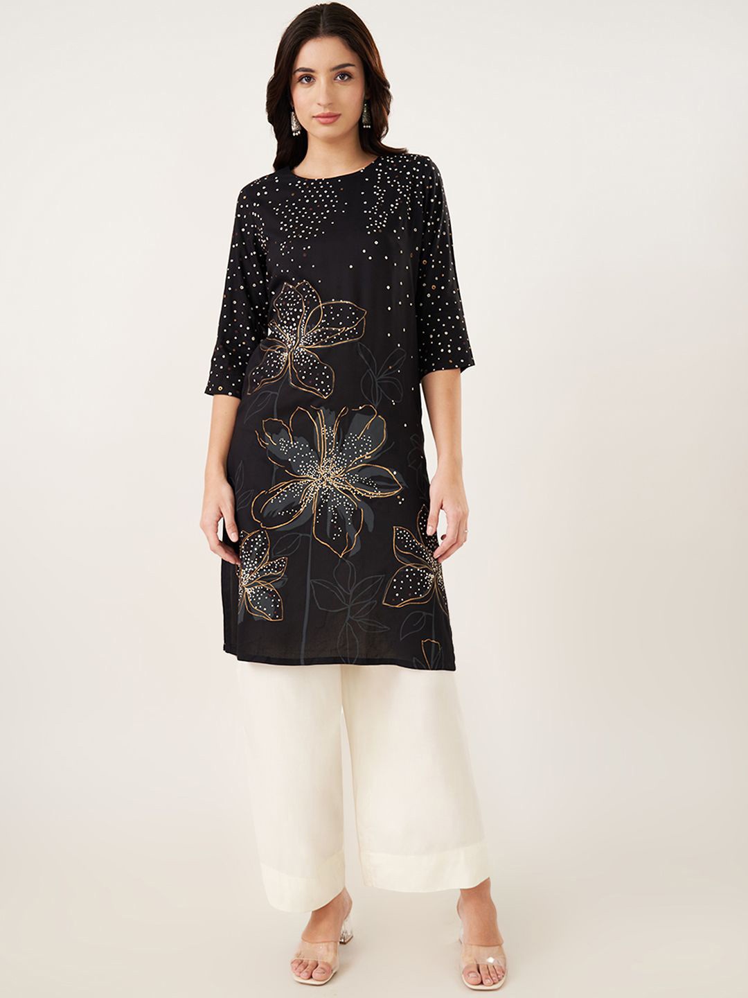 

RANGMANCH BY PANTALOONS Floral Printed Straight Kurta, Black