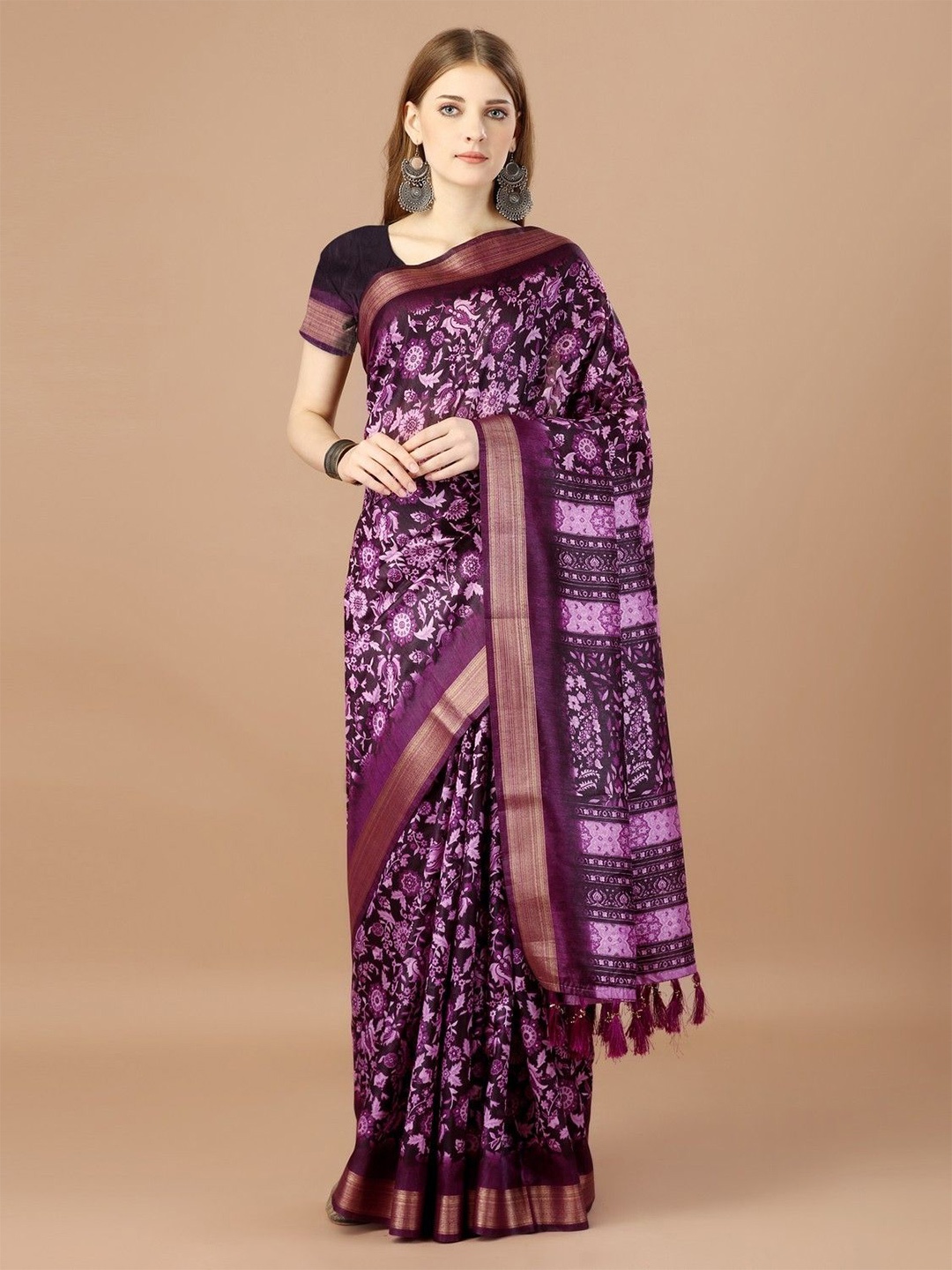 

DIVASTRI Pure Silk Ajrak Printed Saree, Magenta