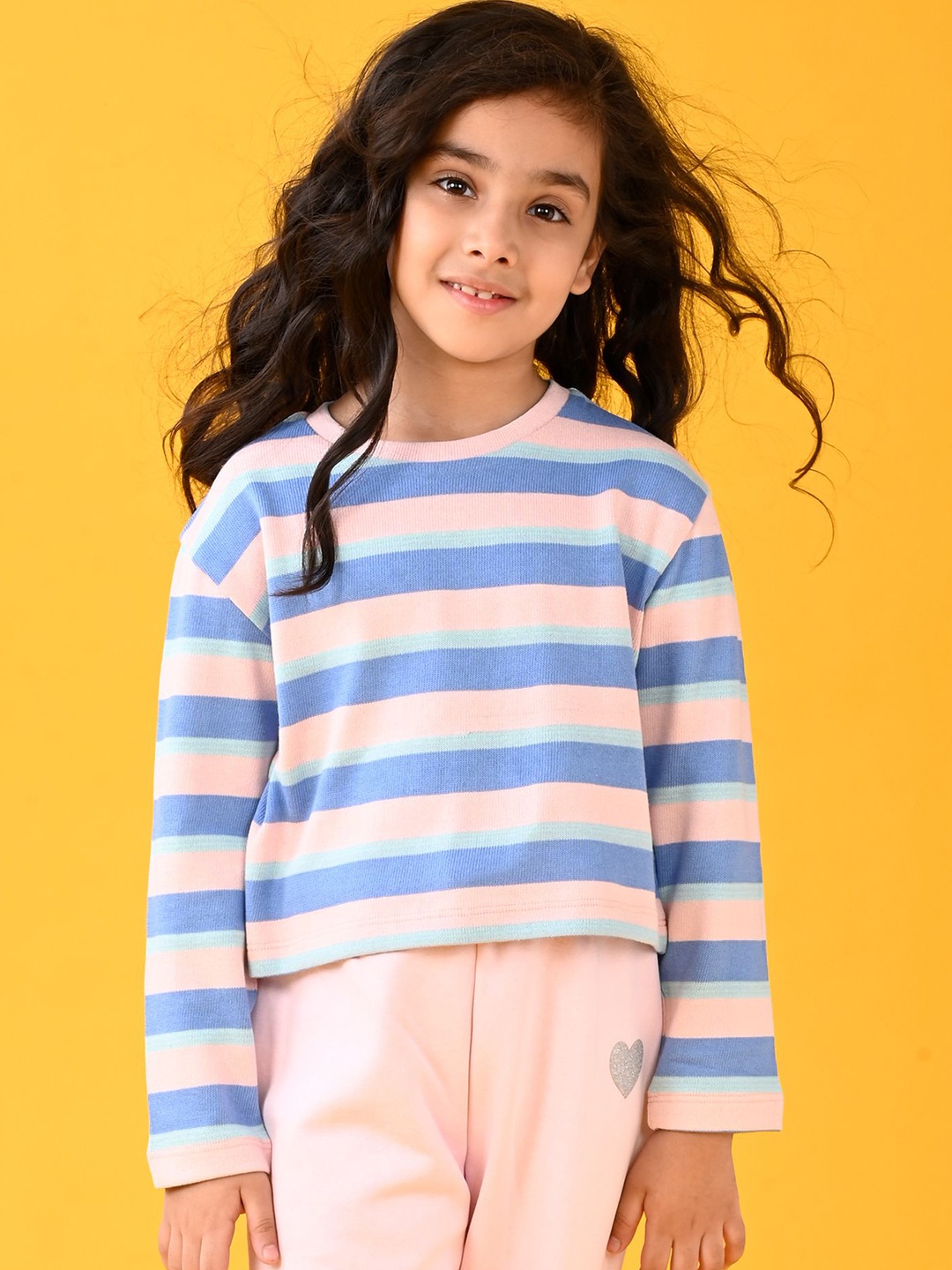 

Anthrilo Girls Striped Round Neck Cotton T-shirt, Peach