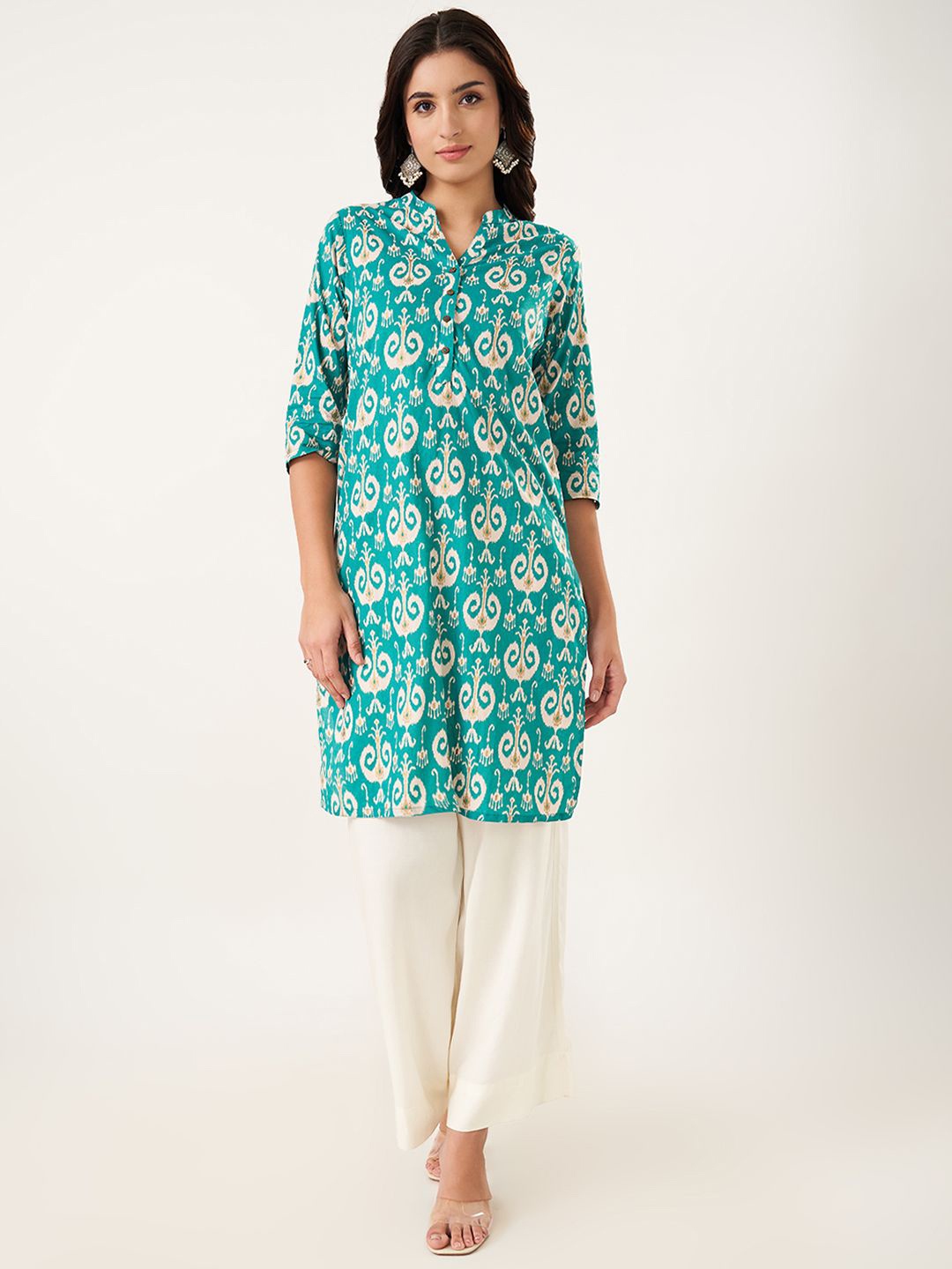 

RANGMANCH BY PANTALOONS Ethnic Motifs Printed Cotton Straight Kurta, Green