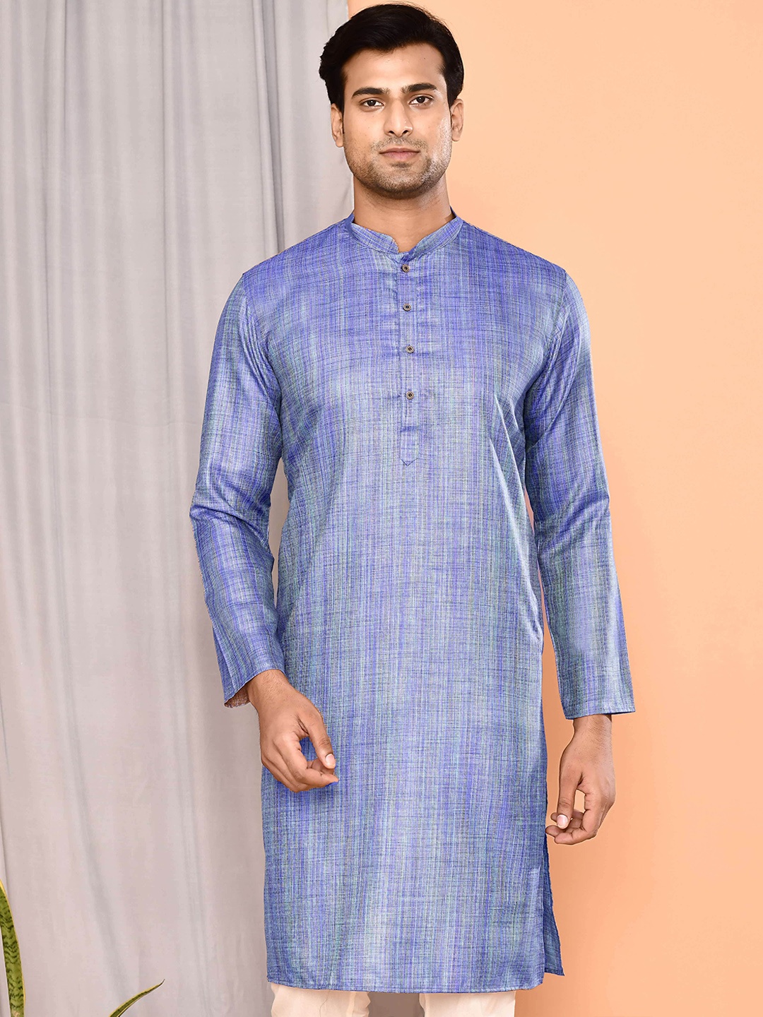 

MAAHI FABS Striped Band Collar Pure Cotton Straight Kurta, Blue