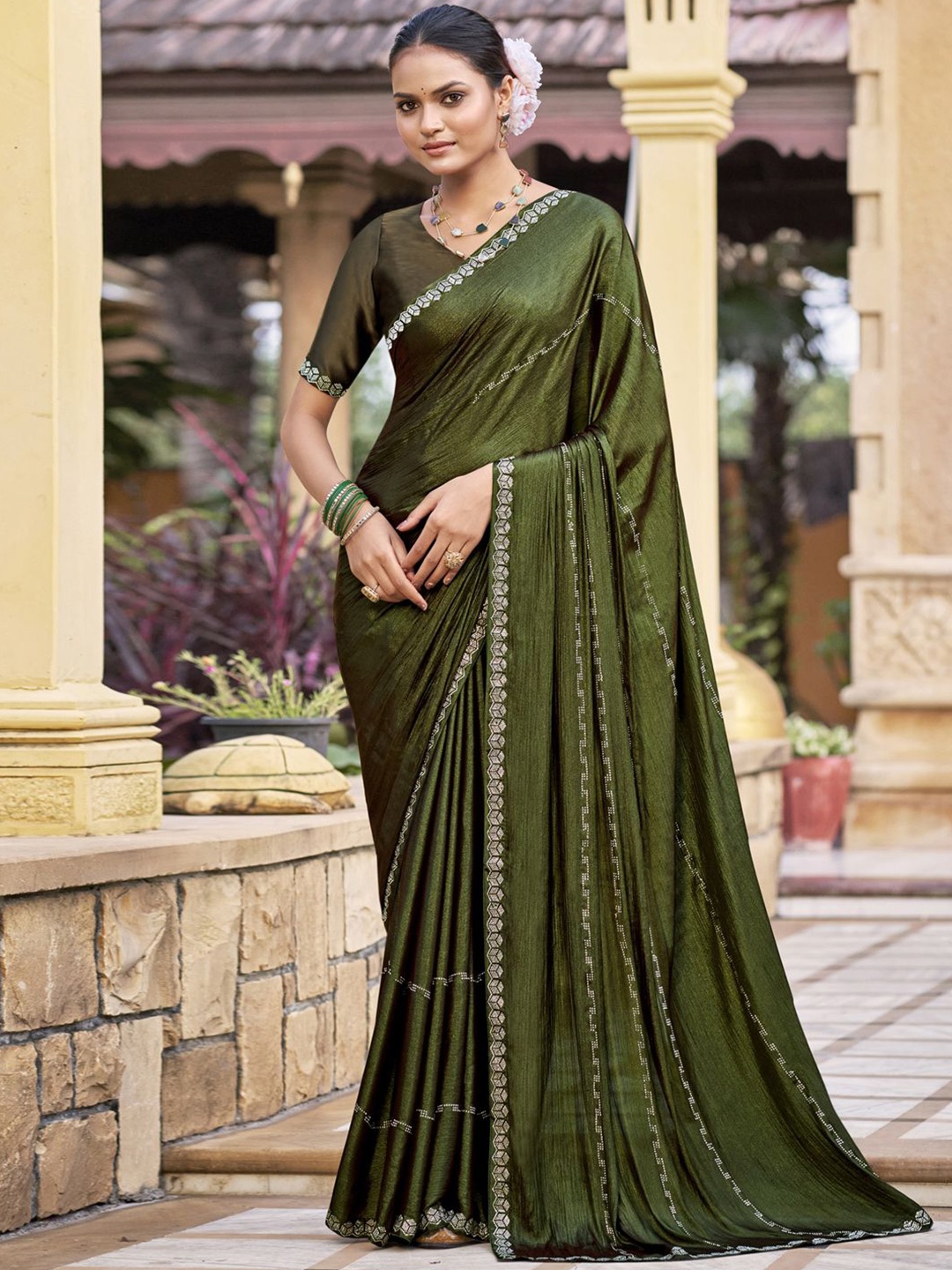 

Stylee LIFESTYLE Embellished Beads and Stones Saree, Olive