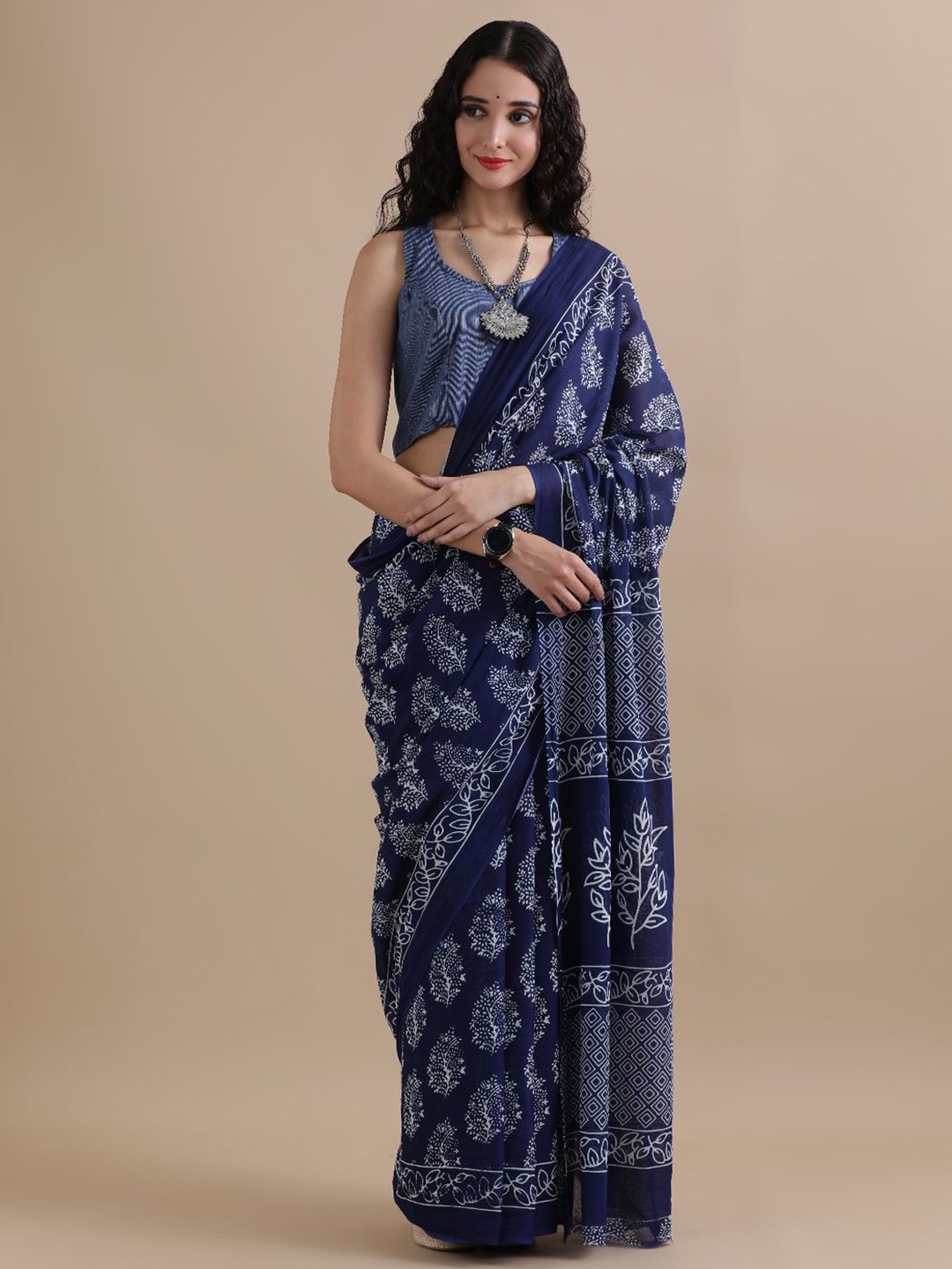 

Jaipur Kurti Pure Cotton Ajrak Printed Saree, Navy blue