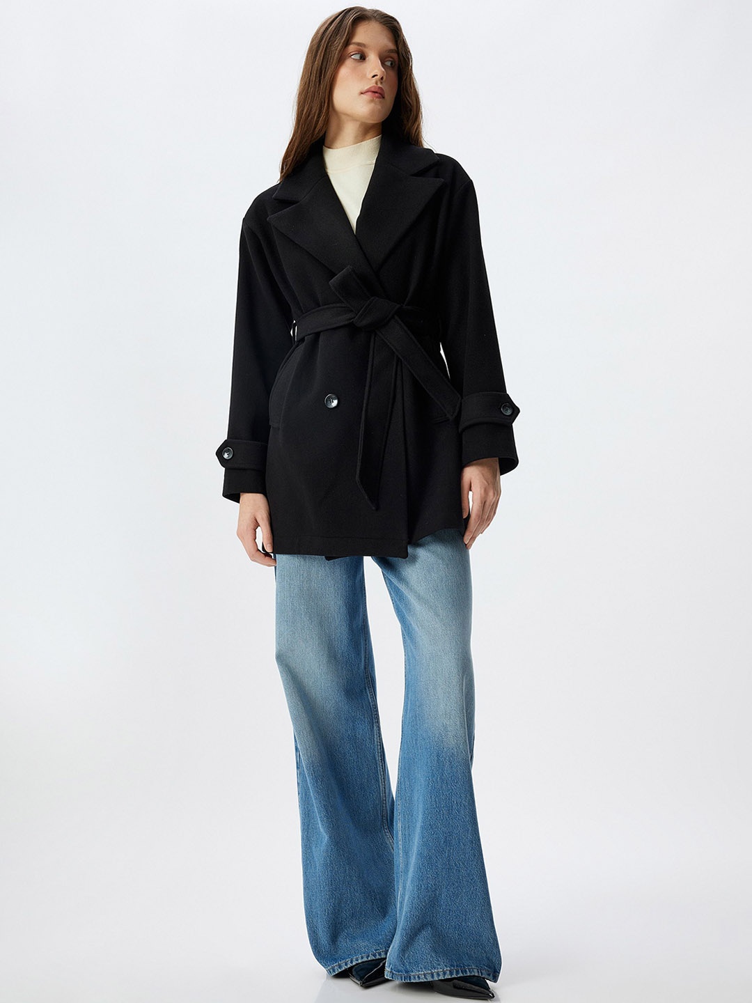 

Koton Women Notched Lapel Long Sleeves Overcoat, Black