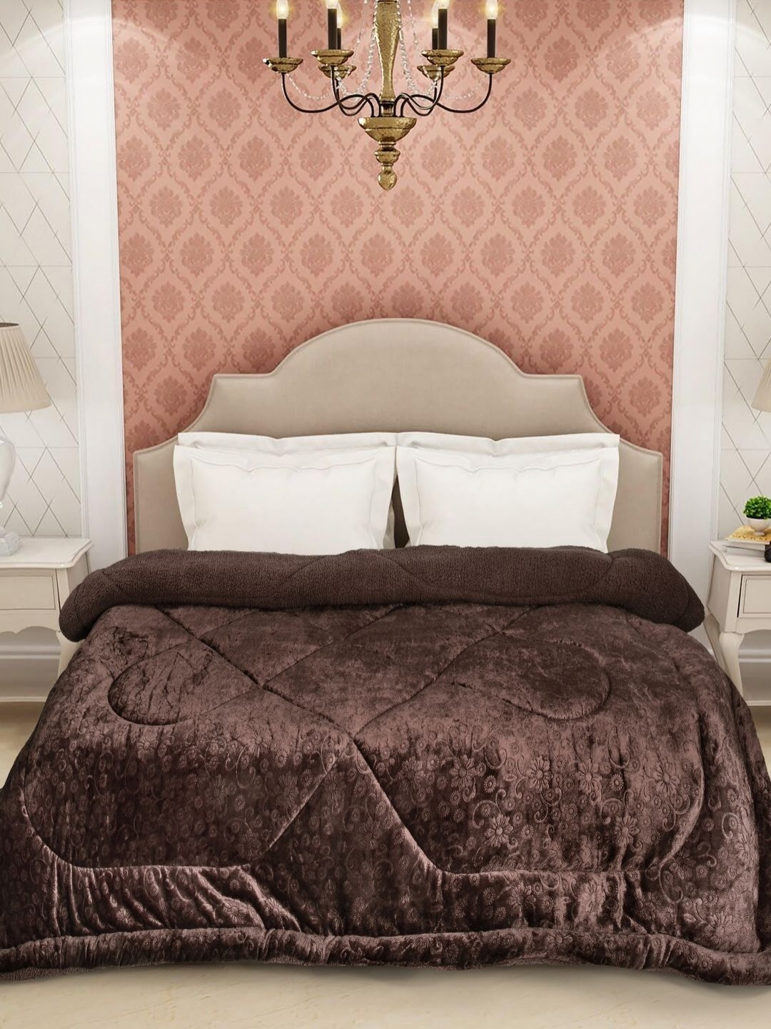 

FABINALIV Coffee Brown Floral 950 GSM Woollen Heavy Winter Double Bed Quilt