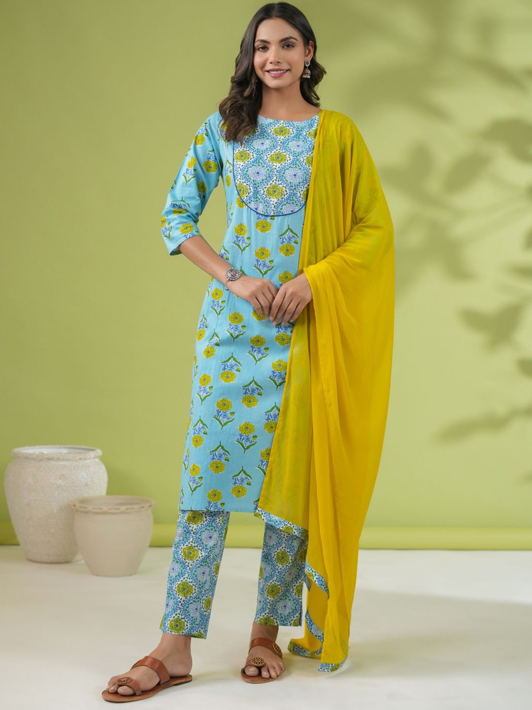 

KALINI Floral Printed Pure Cotton Kurta with Trouser & Dupatta, Blue
