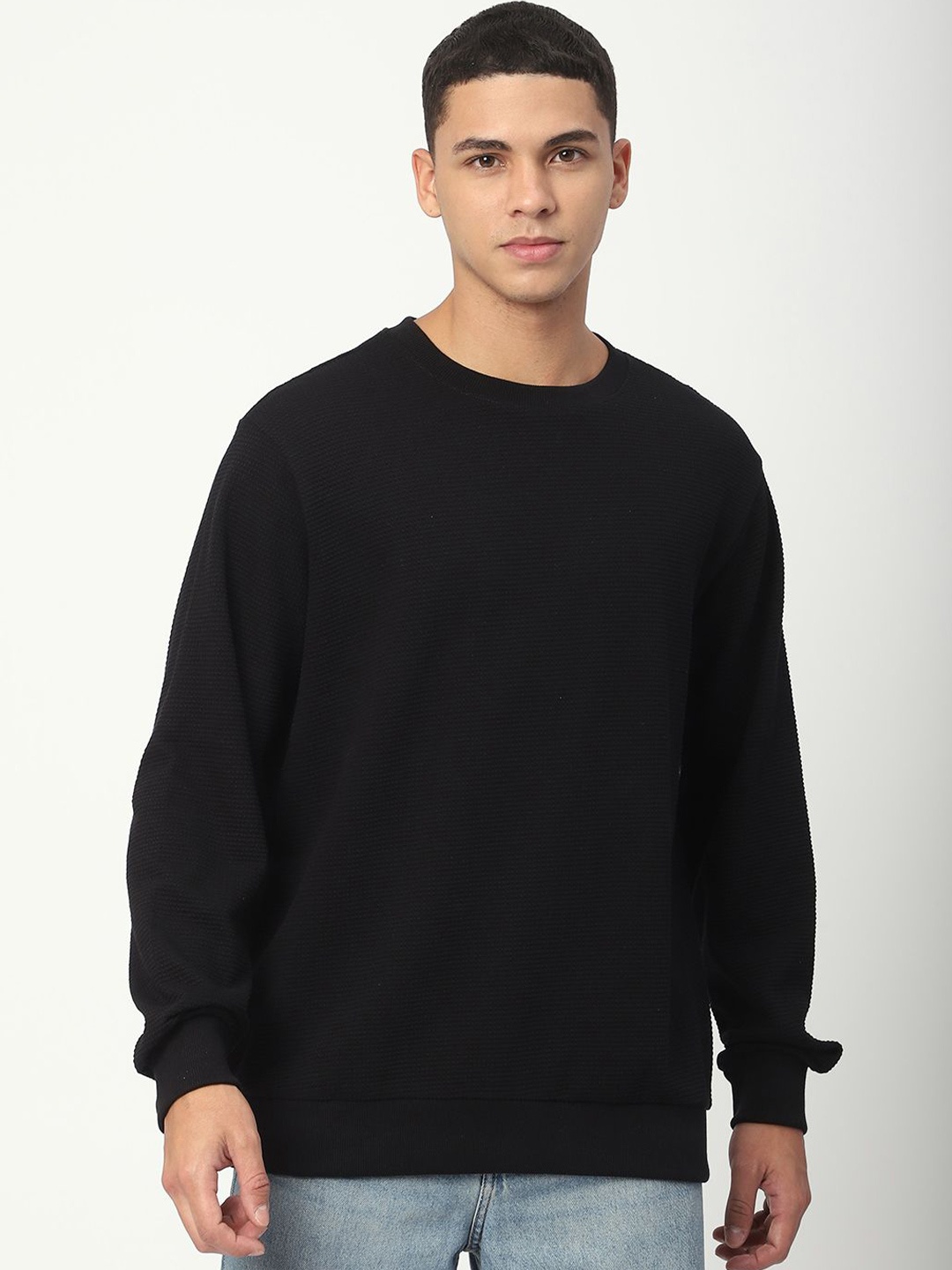 

R&B Men Solid Round Neck Cotton Sweatshirt, Black