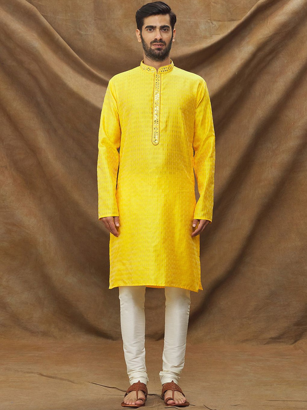 

Samyukta Singhania Woven Design Mandarin Collar Kurta With Churidar, Yellow