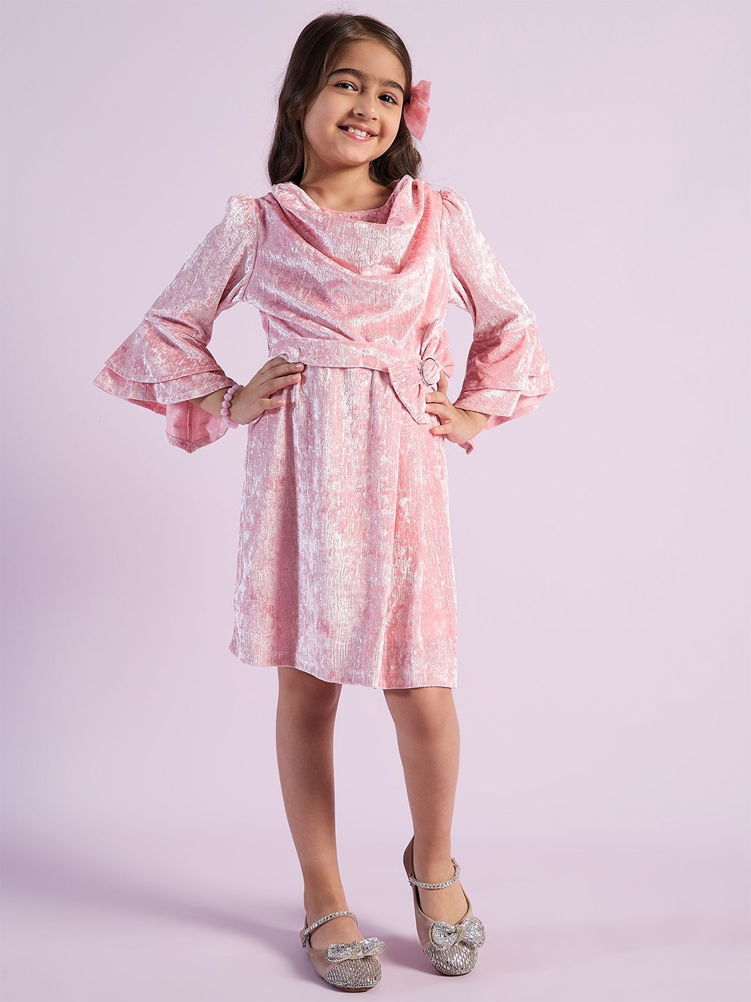 

Peppermint Girls Embellished Round Neck Bell Sleeve Fit and Flare Dress, Pink