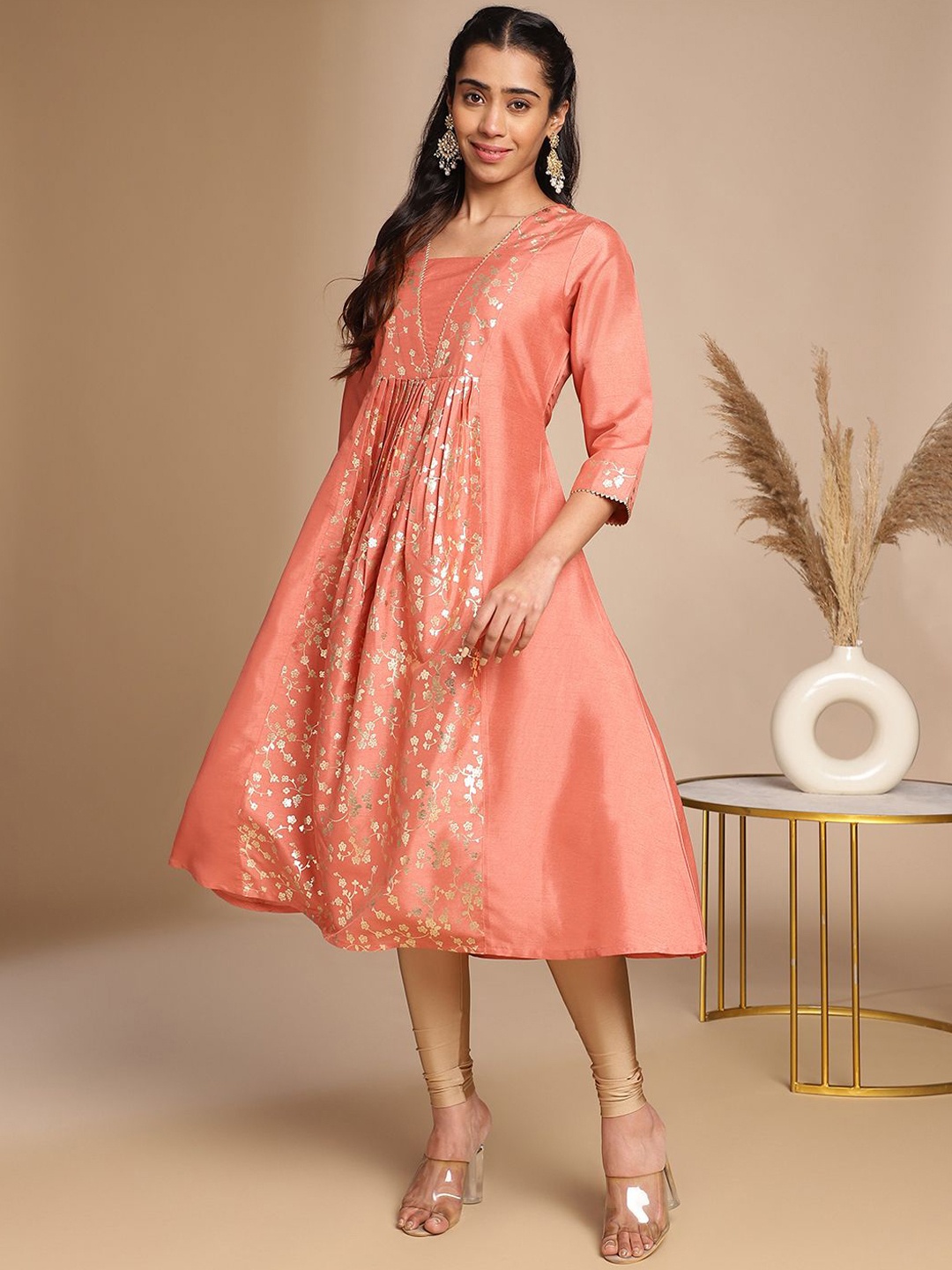 

KALINI Floral Printed Crepe A-Line Kurta, Peach