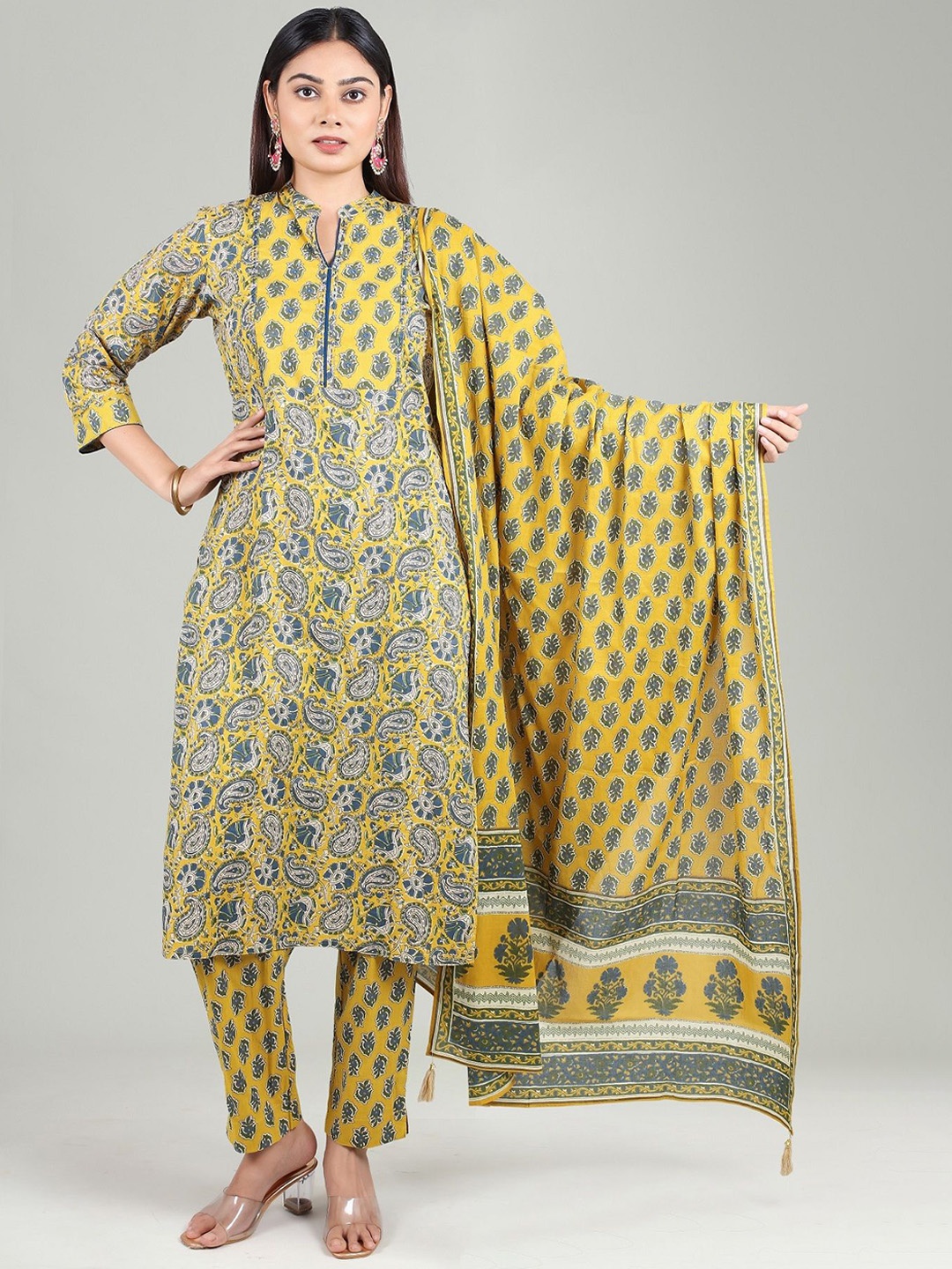 

COTTON CULTURE Printed Mandarin Collar Pure Cotton A-Line Kurta With Trouser & Dupatta, Mustard