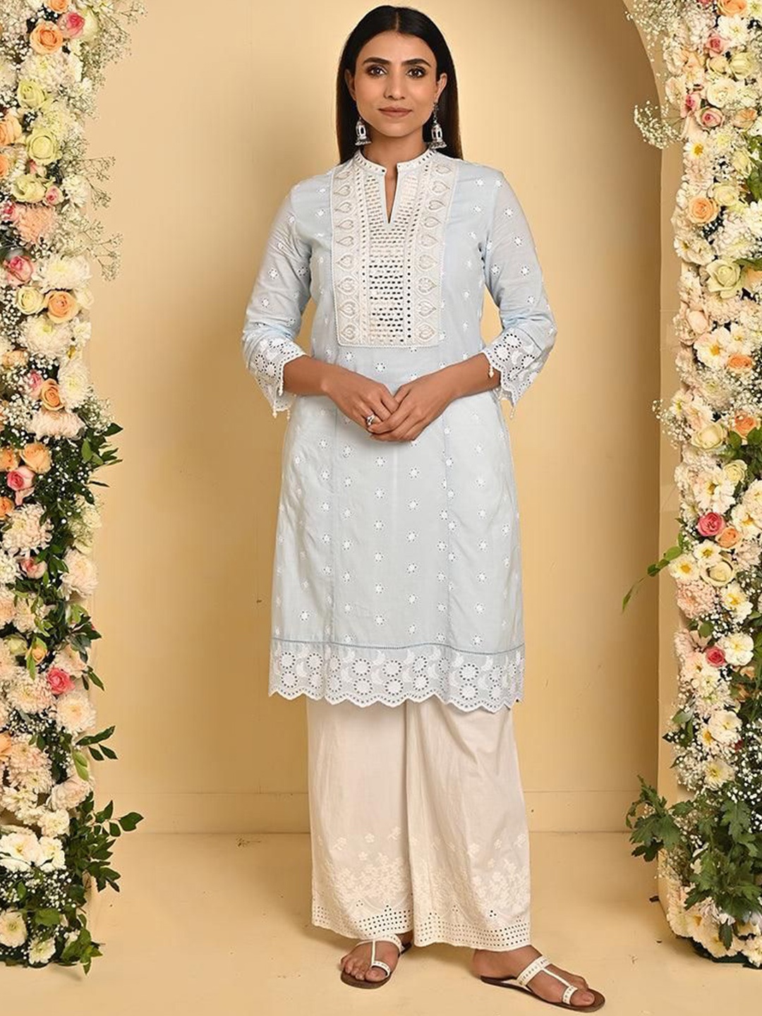 

Lakshita Floral Embroidered Schiffli Mirror Work Straight Kurta, Blue