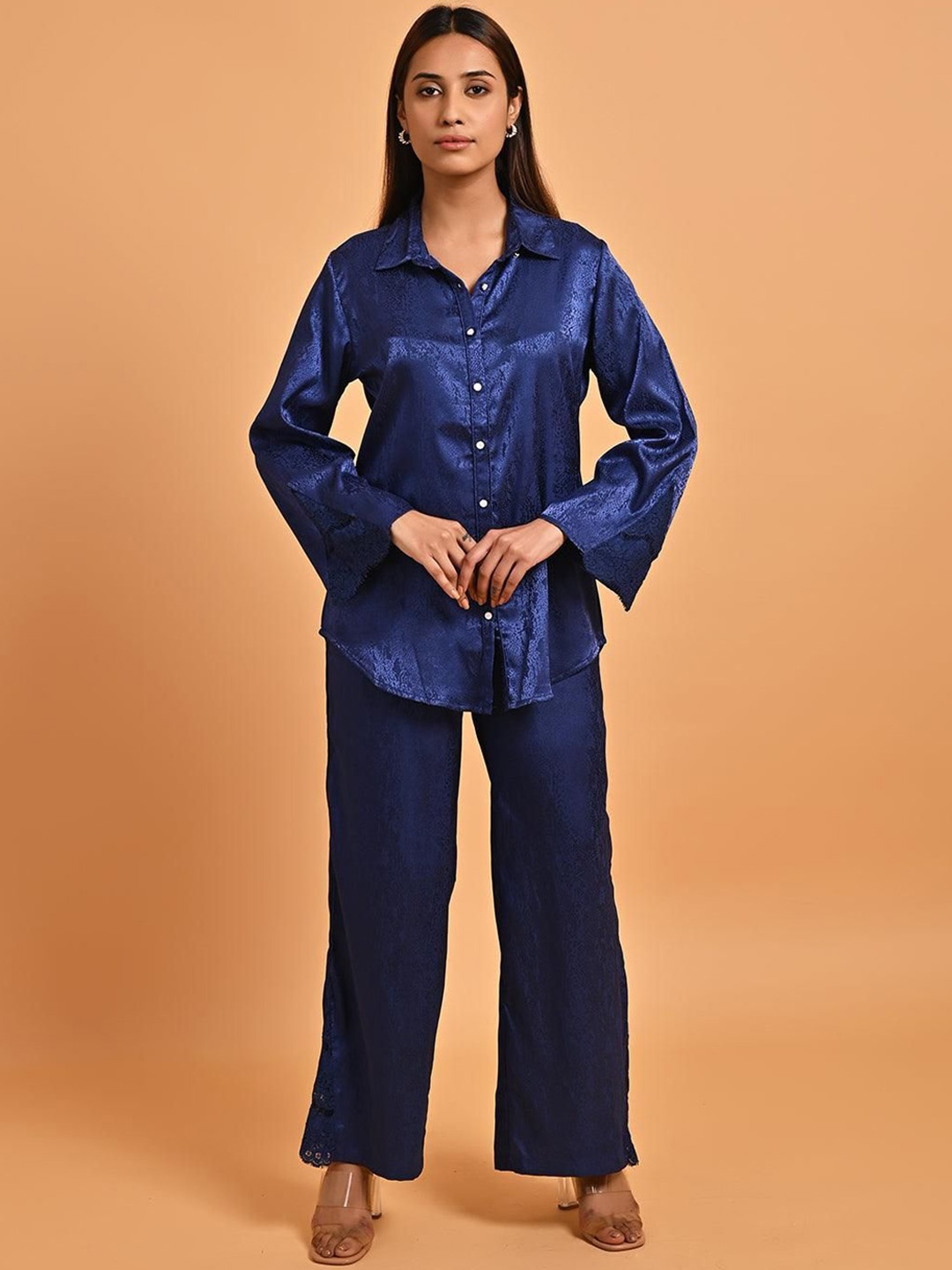 

Lakshita Shirt Collar Long Sleeves Shirt With Trouser, Navy blue