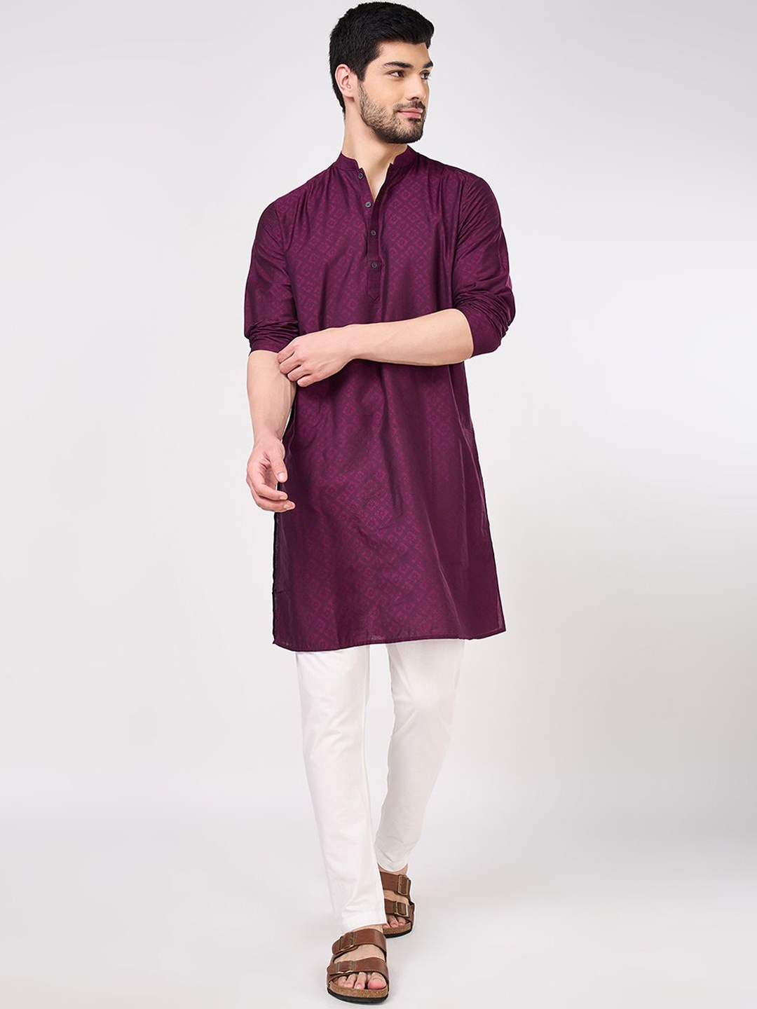 

indus route by Pantaloons Geometric Printed Mandarin Collar Straight Kurta, Purple