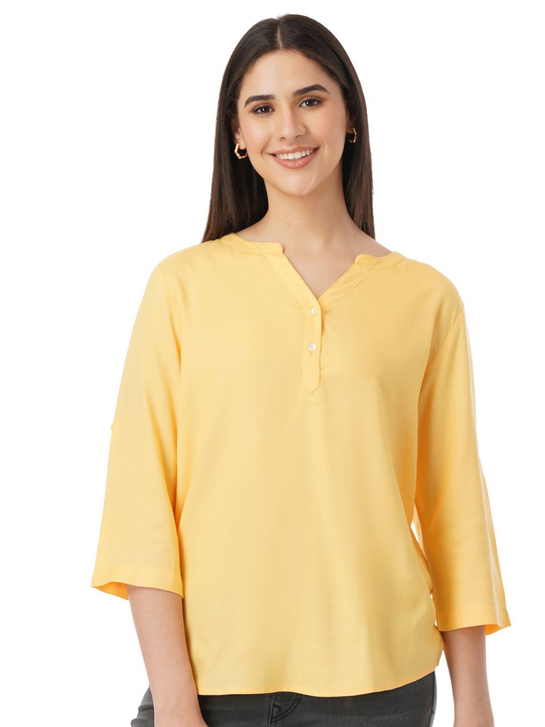 

FYLTR Women Mandarin Collar Top, Yellow