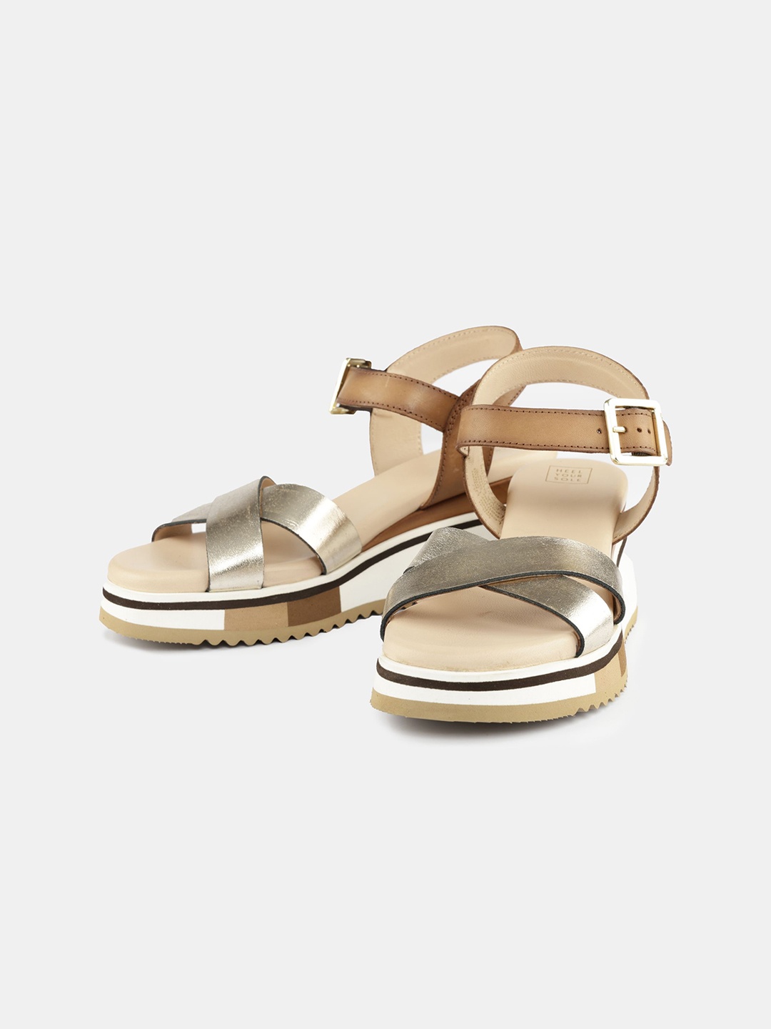 

HEEL YOUR SOLE Leather Wedge Sandals with Buckles, Gold