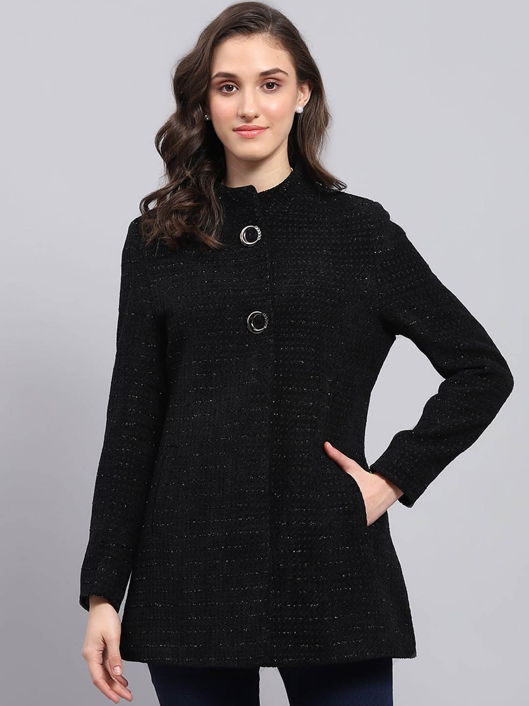 

Monte Carlo Women Self-Design Single-Breasted Overcoat, Black
