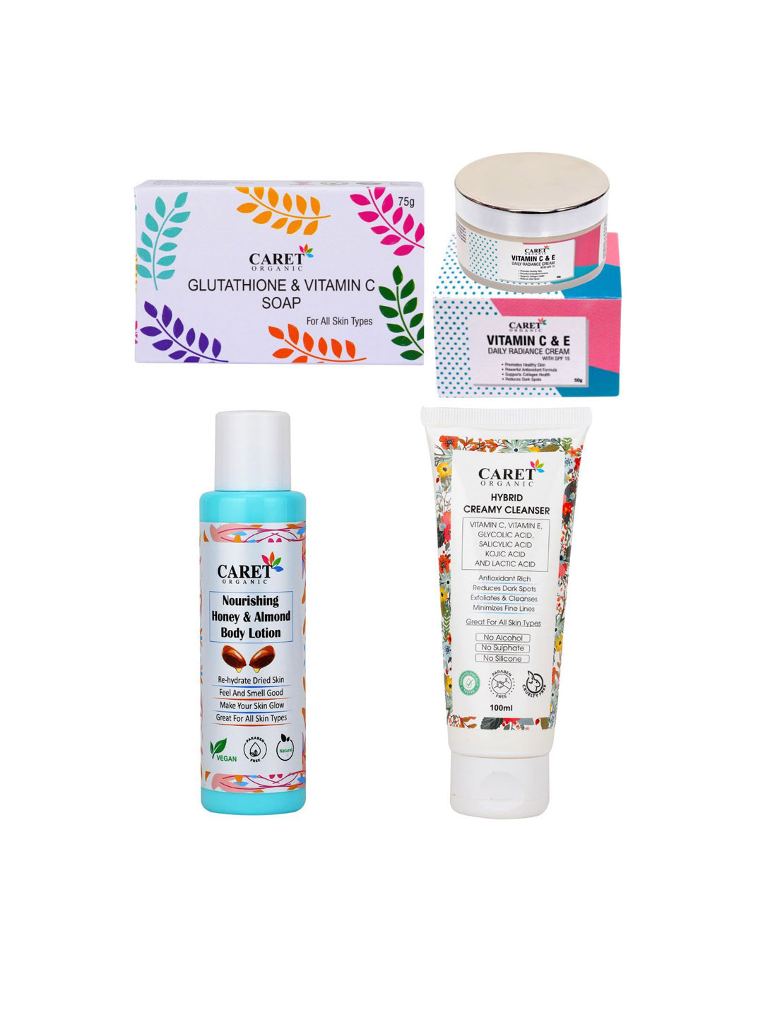

CARET ORGANIC Set of 4 Glutathione Soap, Radiance Cream, Body Lotion & Hybrid Face Wash, White