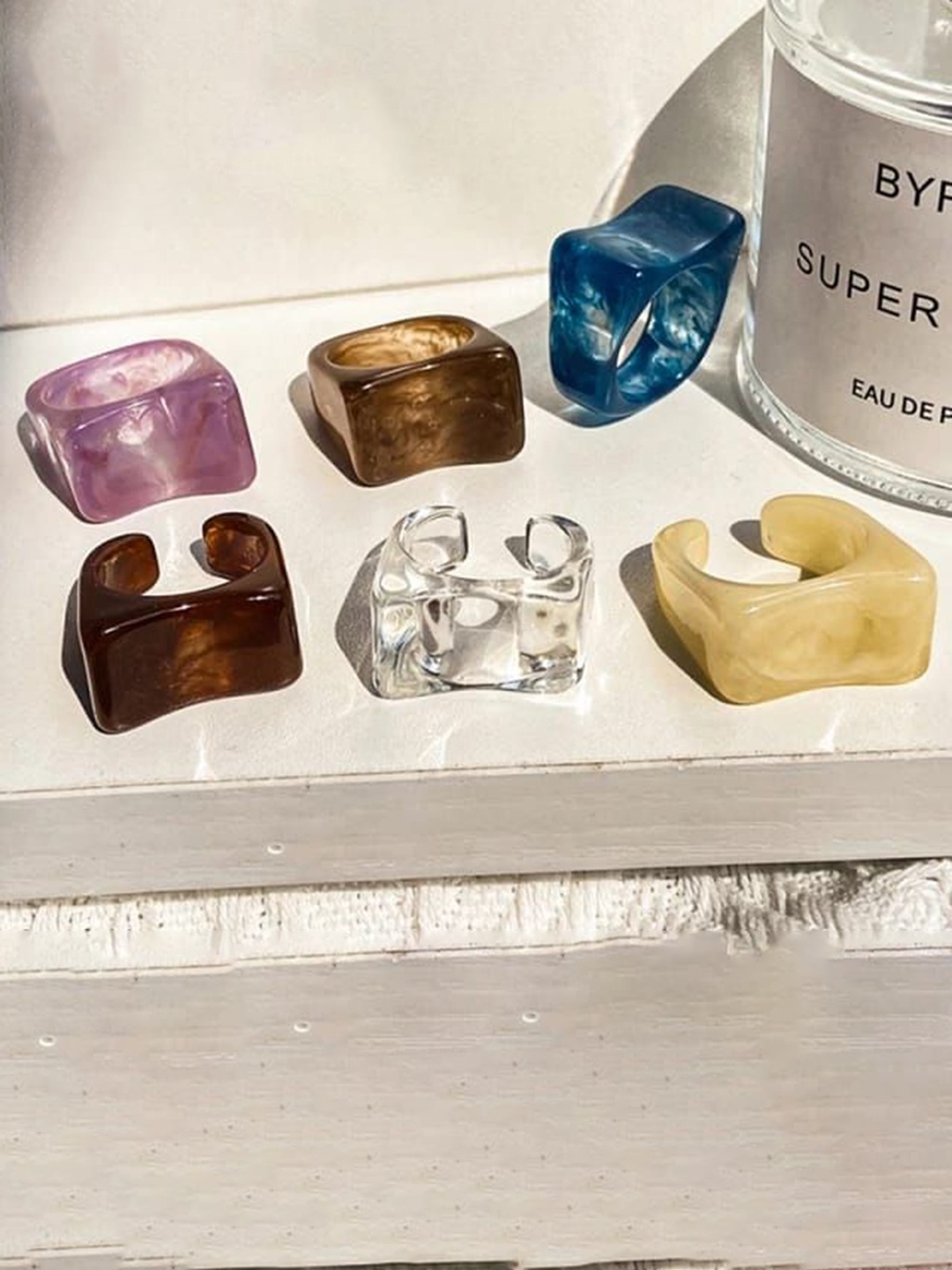 

YU FASHIONS Set Of 6 Geometric Marble Rings, Blue