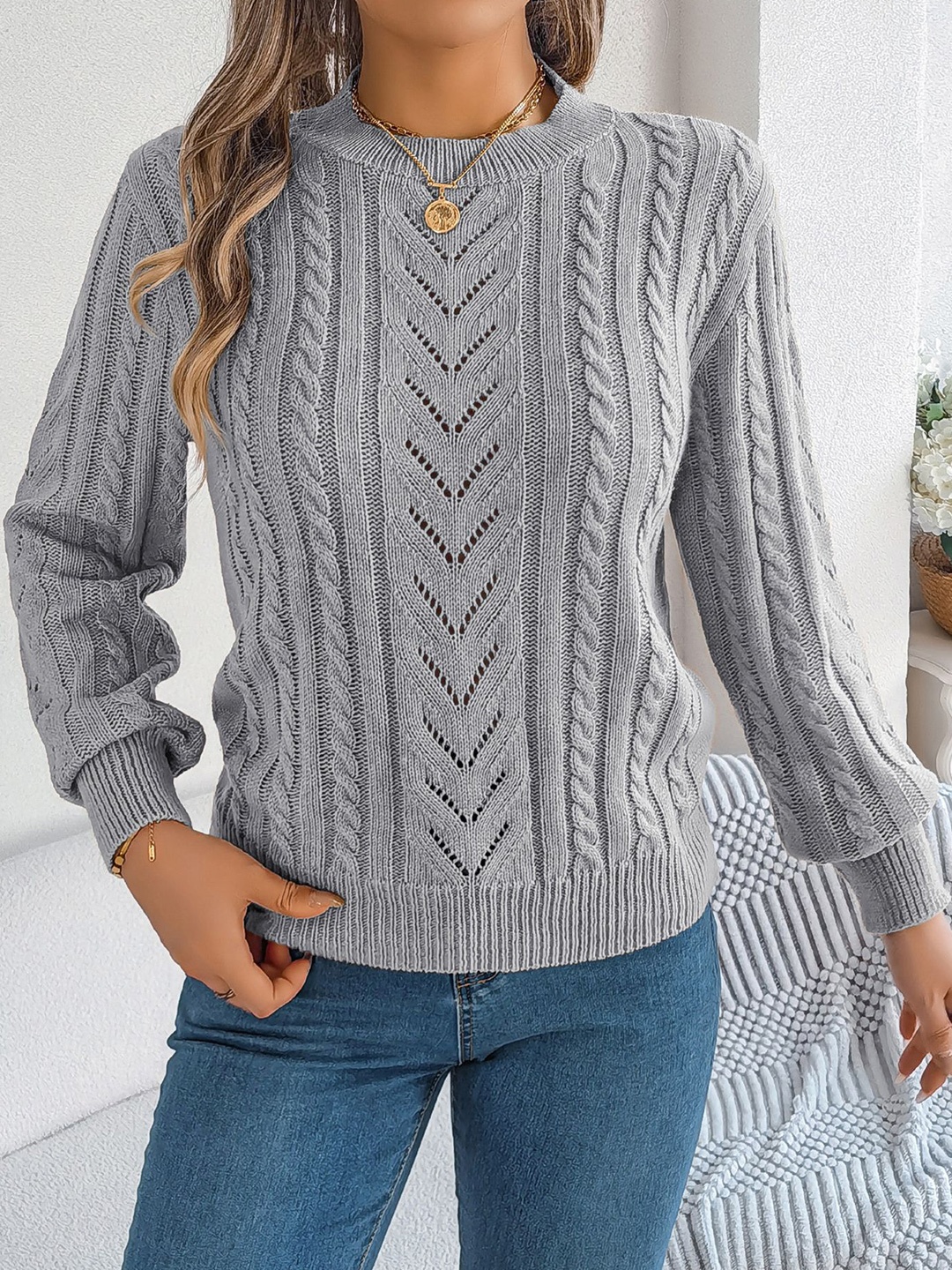 

StyleCast x Revolte Women Cable Knit Self Design Pullover, Grey