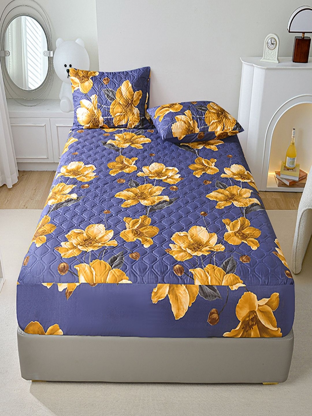 

JC HOME Purple & Yellow Floral 150 TC Fitted Double Queen Bedsheet Set-1.5 m x 2 m