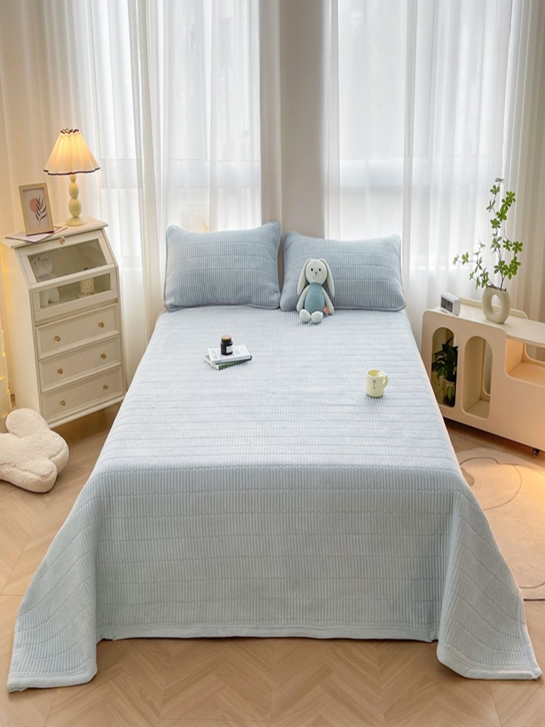 

JC HOME Grey Striped Double Bed Cover With Pillow Cover Set