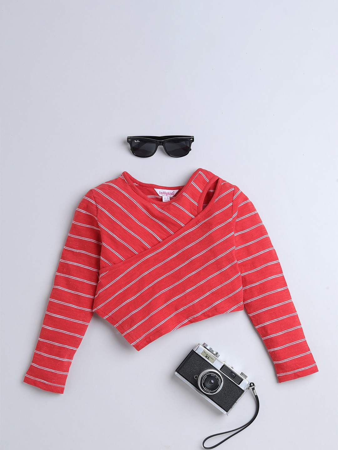 

taffykids Girl's Striped Dyed cut Out Wrap Top, Red