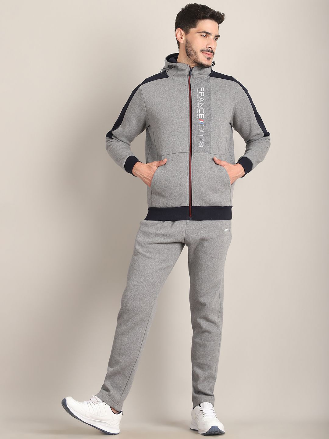 

CONFIDENCE Men Typography Printed Hooded Tracksuits, Grey