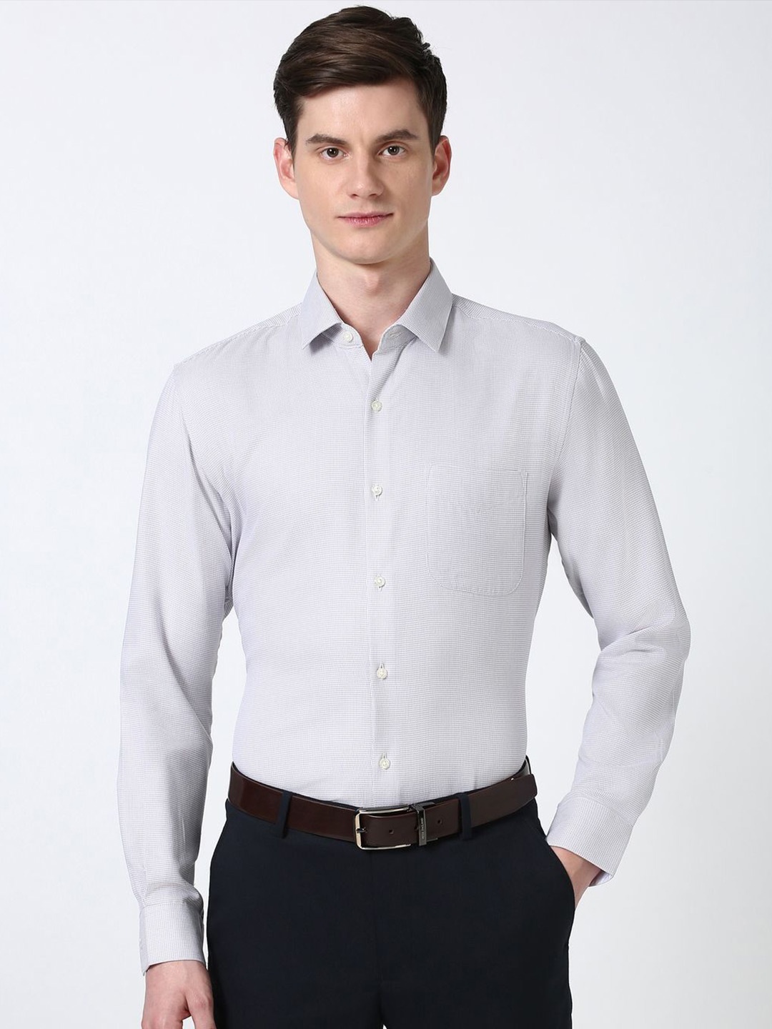 

Peter England Men Spread Collar Textured Cotton Casual Shirt, Grey