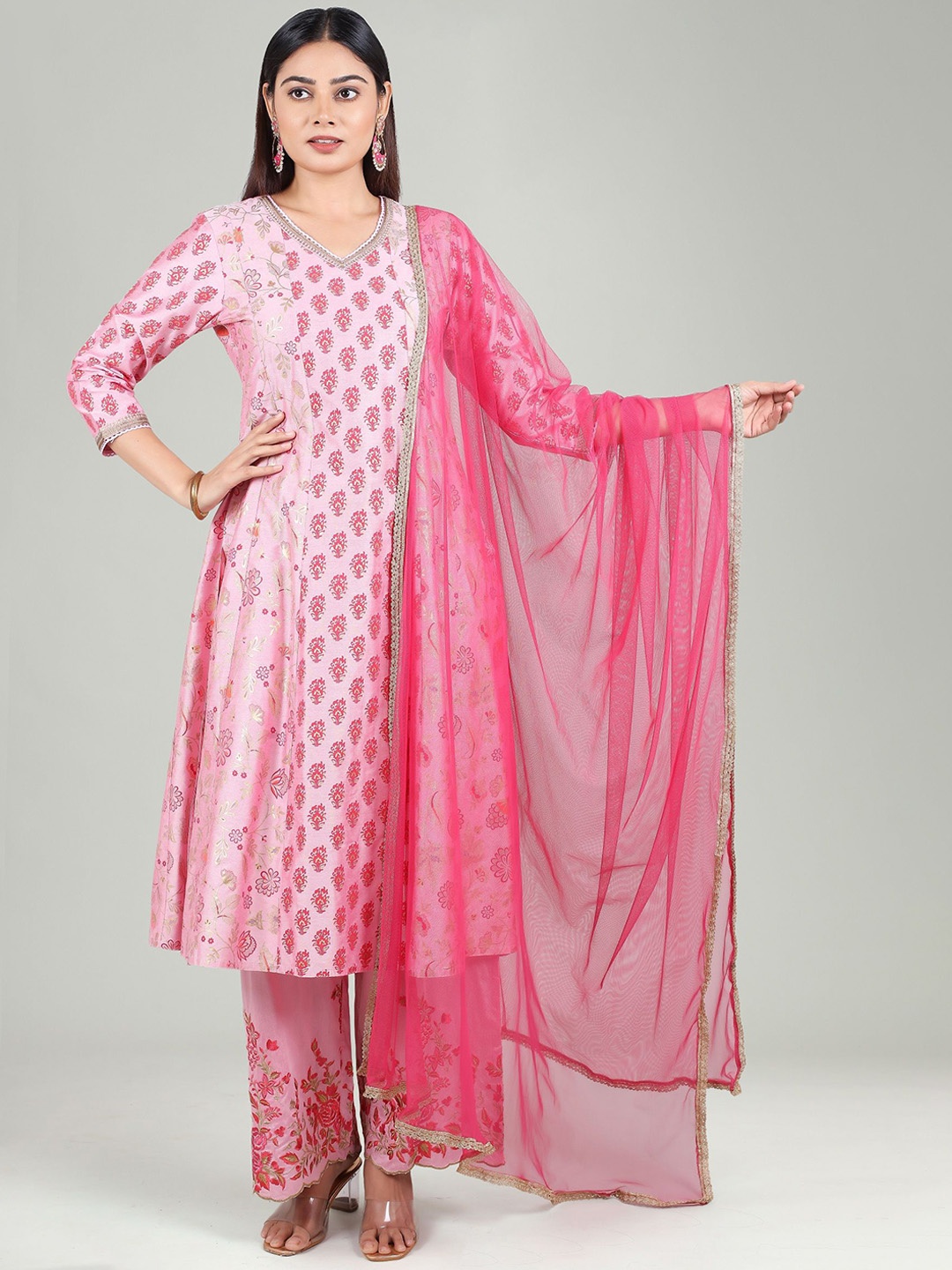 

COTTON CULTURE Ethnic Motifs Printed Gotta Patti A-Line Kurta With Palazzo & Dupatta, Pink