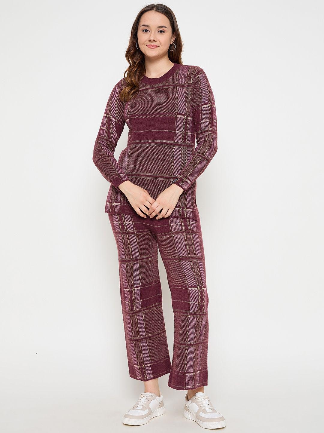 

CREATIVE LINE Checked Long Sleeves Sweatshirt With Trousers, Burgundy