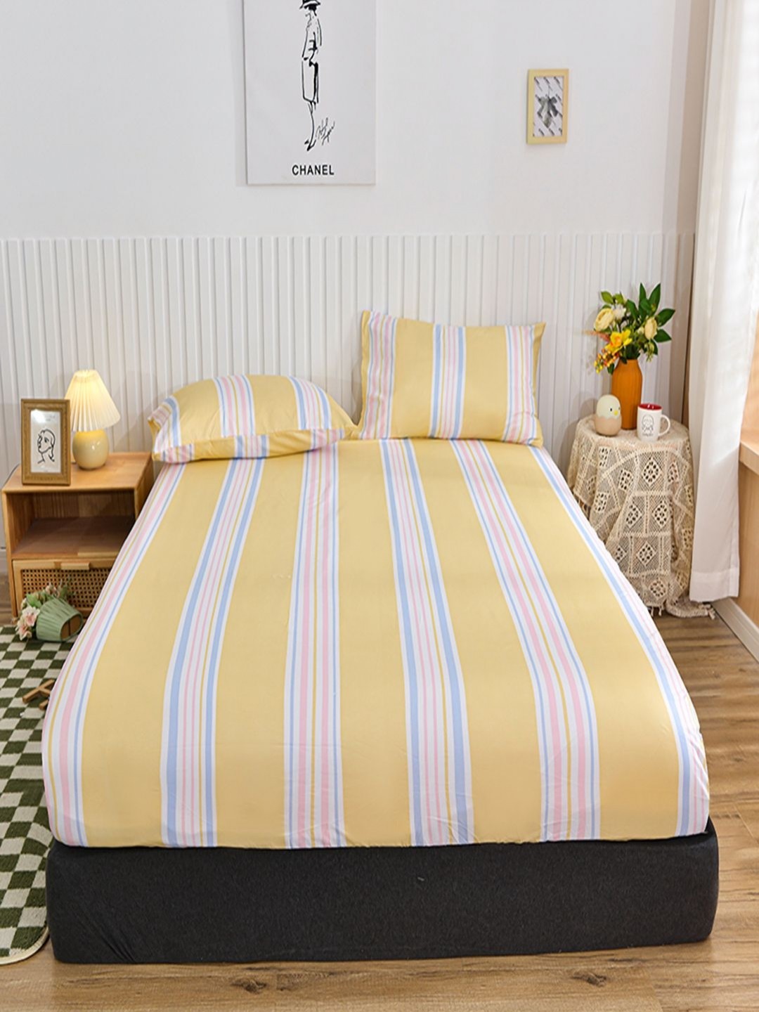 

JC HOME Yellow & White Striped 140 TC Single Bedsheet Set 1.20 m x 2 m