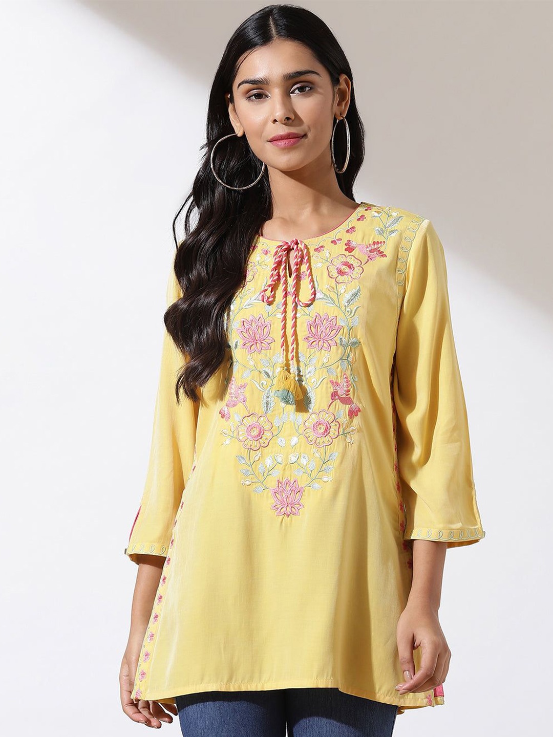 

Lakshita Women Embroidered Ethnic Round Neck Tunic, Yellow