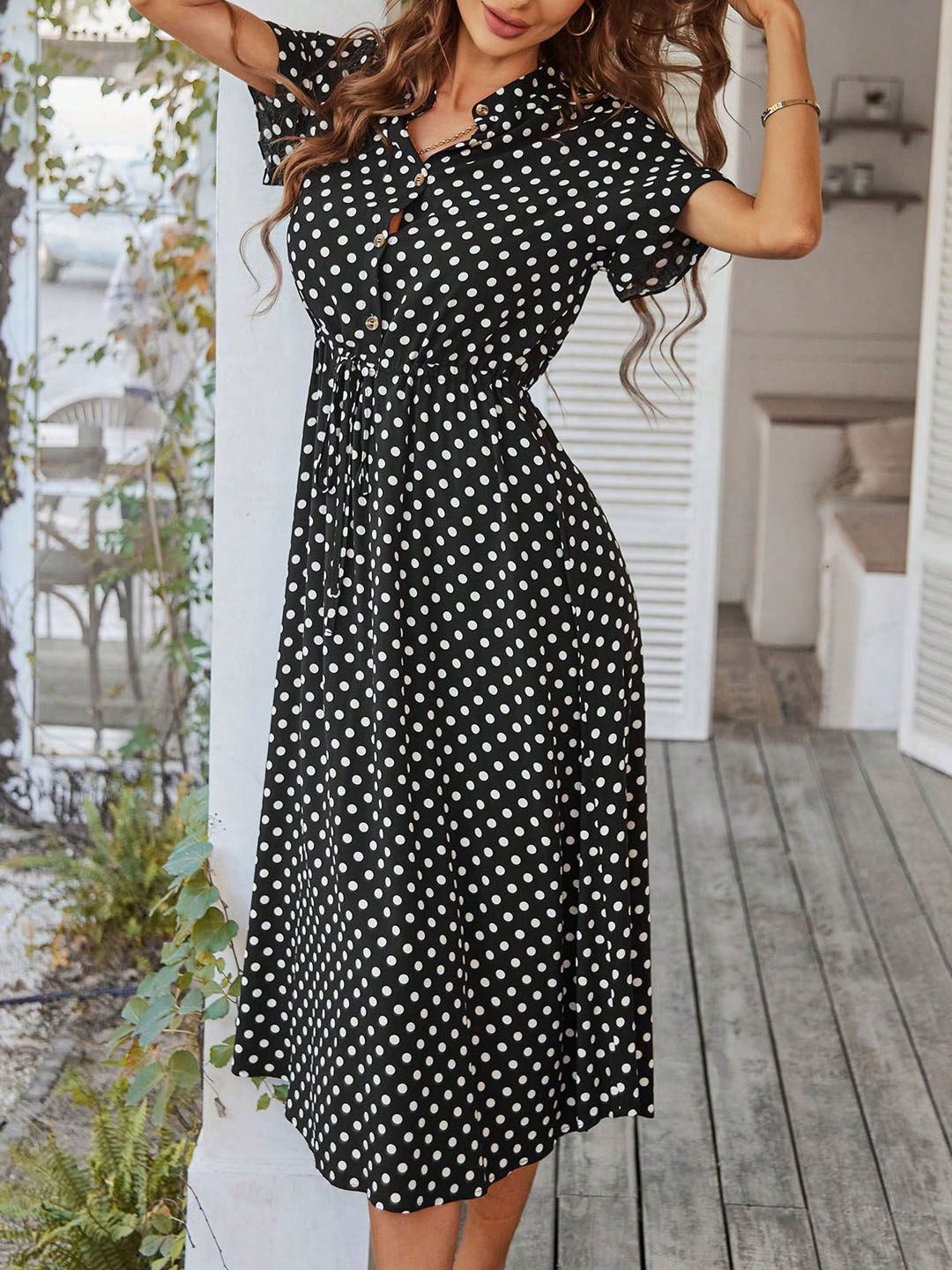 

StyleCast Women Polka Dot Printed Fit and Flare Midi Dress, Black